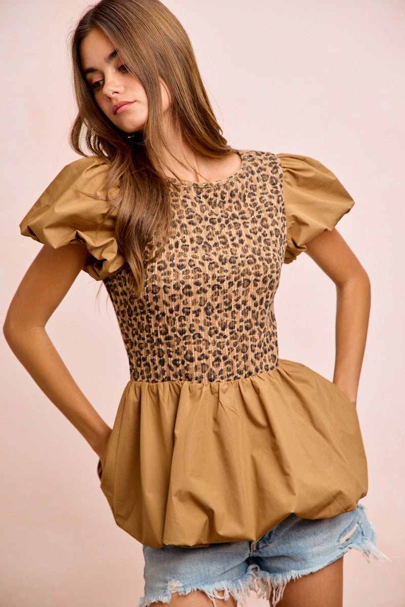 BiBi Rib Texture Leopard Puff Sleeves Bubble Peplum Top - PBNJ FASHIONS