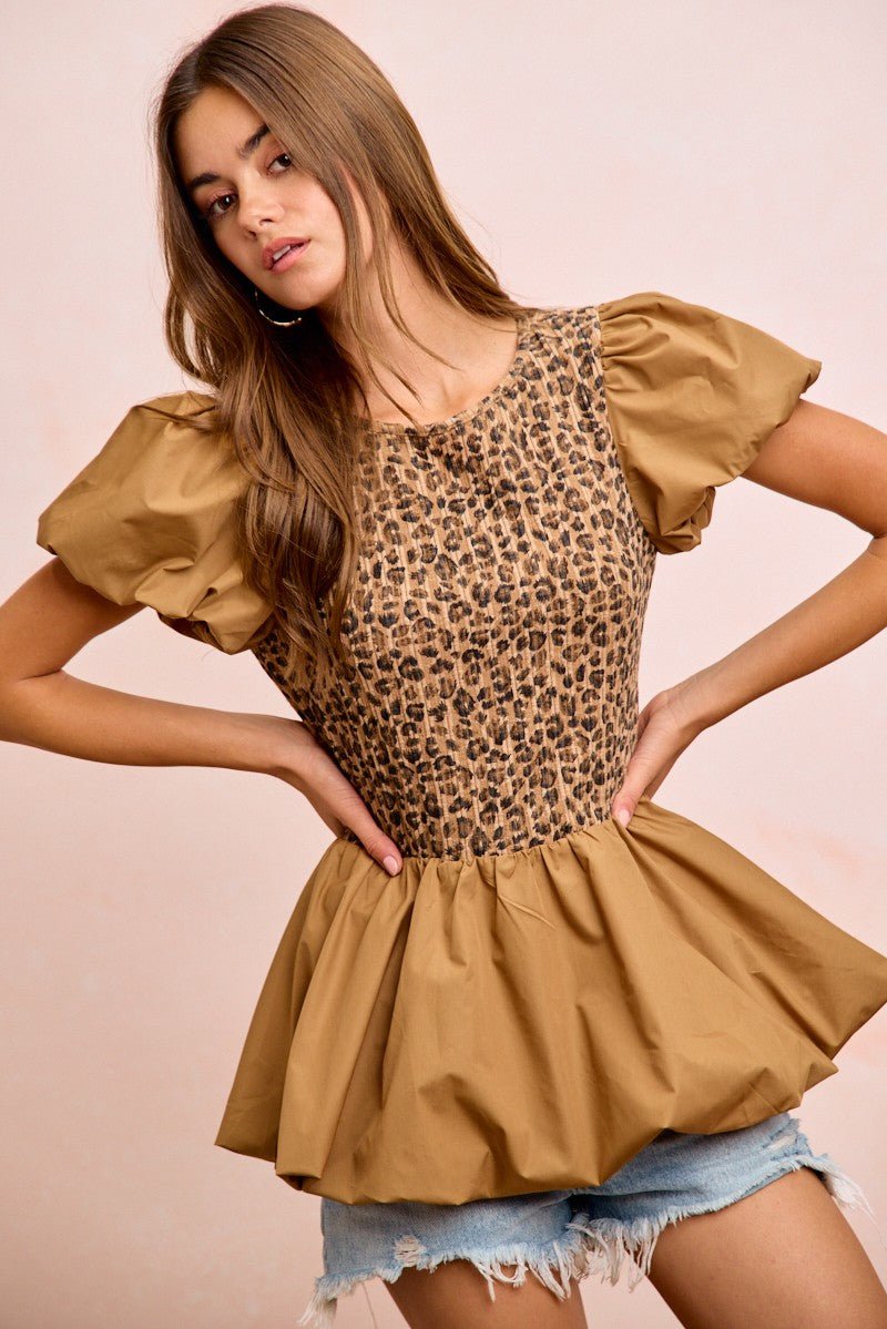 BiBi Rib Texture Leopard Puff Sleeves Bubble Peplum Top - PBNJ FASHIONS