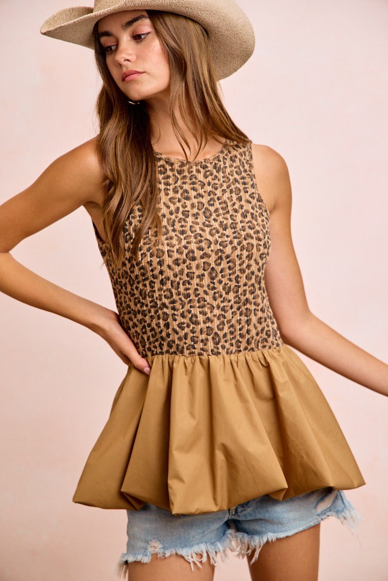 BiBi Rib Textured Leopard Sleeveless Bubble Peplum Top - PBNJ FASHIONS