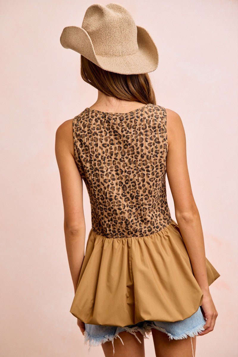BiBi Rib Textured Leopard Sleeveless Bubble Peplum Top - PBNJ FASHIONS