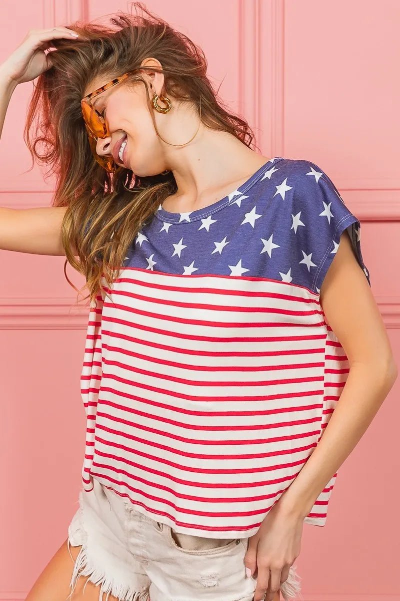 BiBi Star Rpinted with Stripe Combo Top - PBNJ FASHIONS