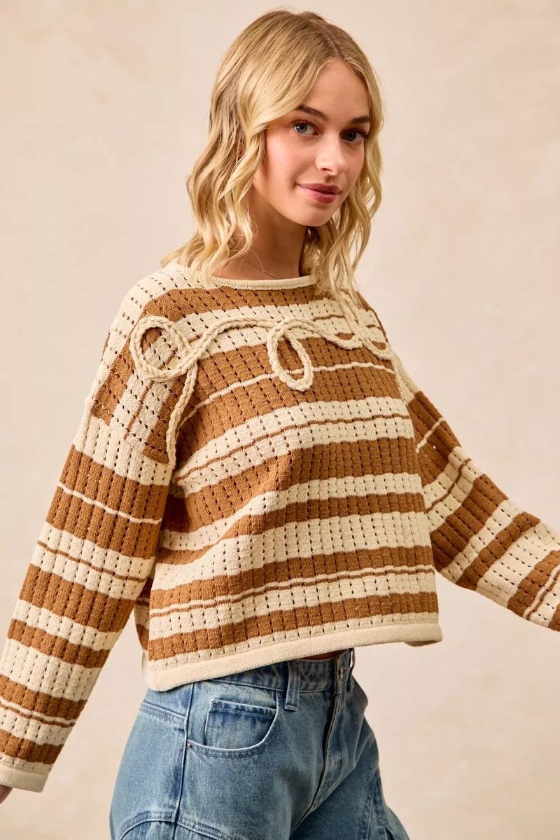 BiBi Striped Open Knit Sweater Top with Front Braided Detail - PBNJ FASHIONS
