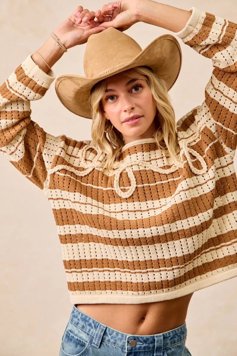 BiBi Striped Open Knit Sweater Top with Front Braided Detail - PBNJ FASHIONS