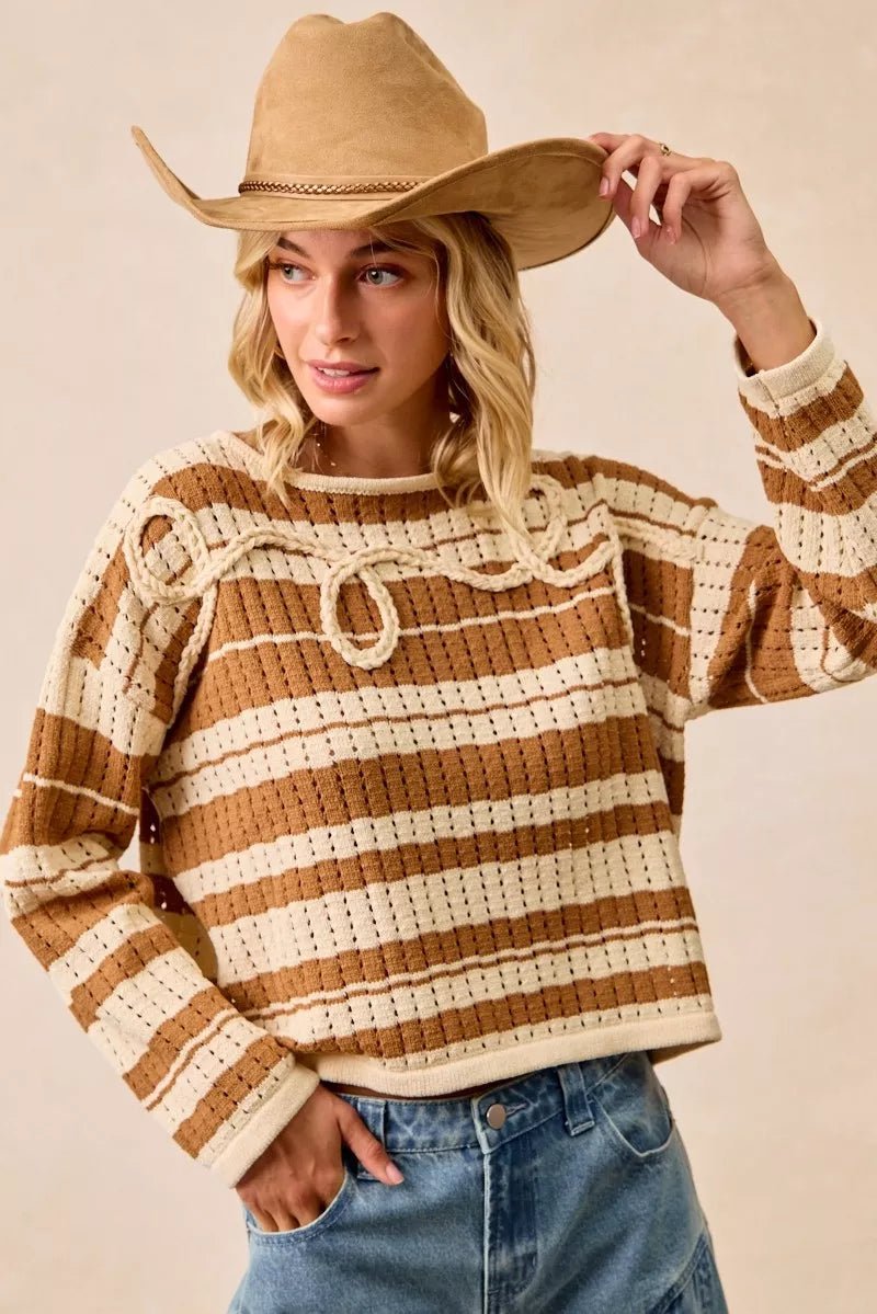 BiBi Striped Open Knit Sweater Top with Front Braided Detail - PBNJ FASHIONS