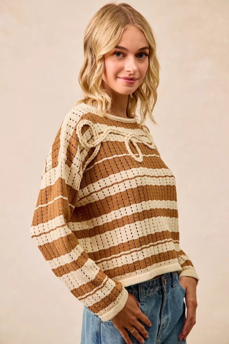 BiBi Striped Open Knit Sweater Top with Front Braided Detail - PBNJ FASHIONS