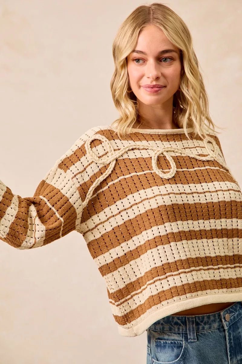 BiBi Striped Open Knit Sweater Top with Front Braided Detail - PBNJ FASHIONS
