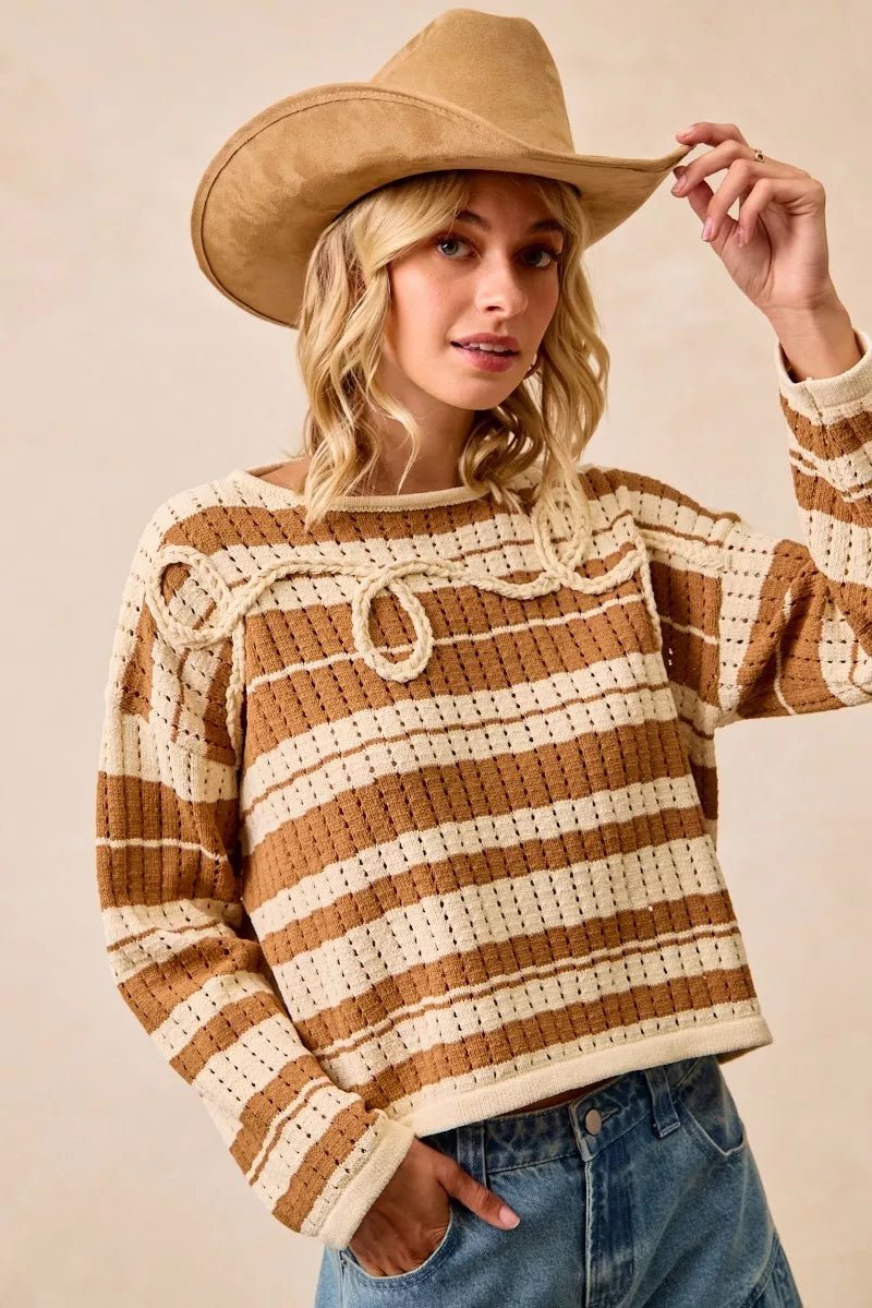 BiBi Striped Open Knit Sweater Top with Front Braided Detail - PBNJ FASHIONS