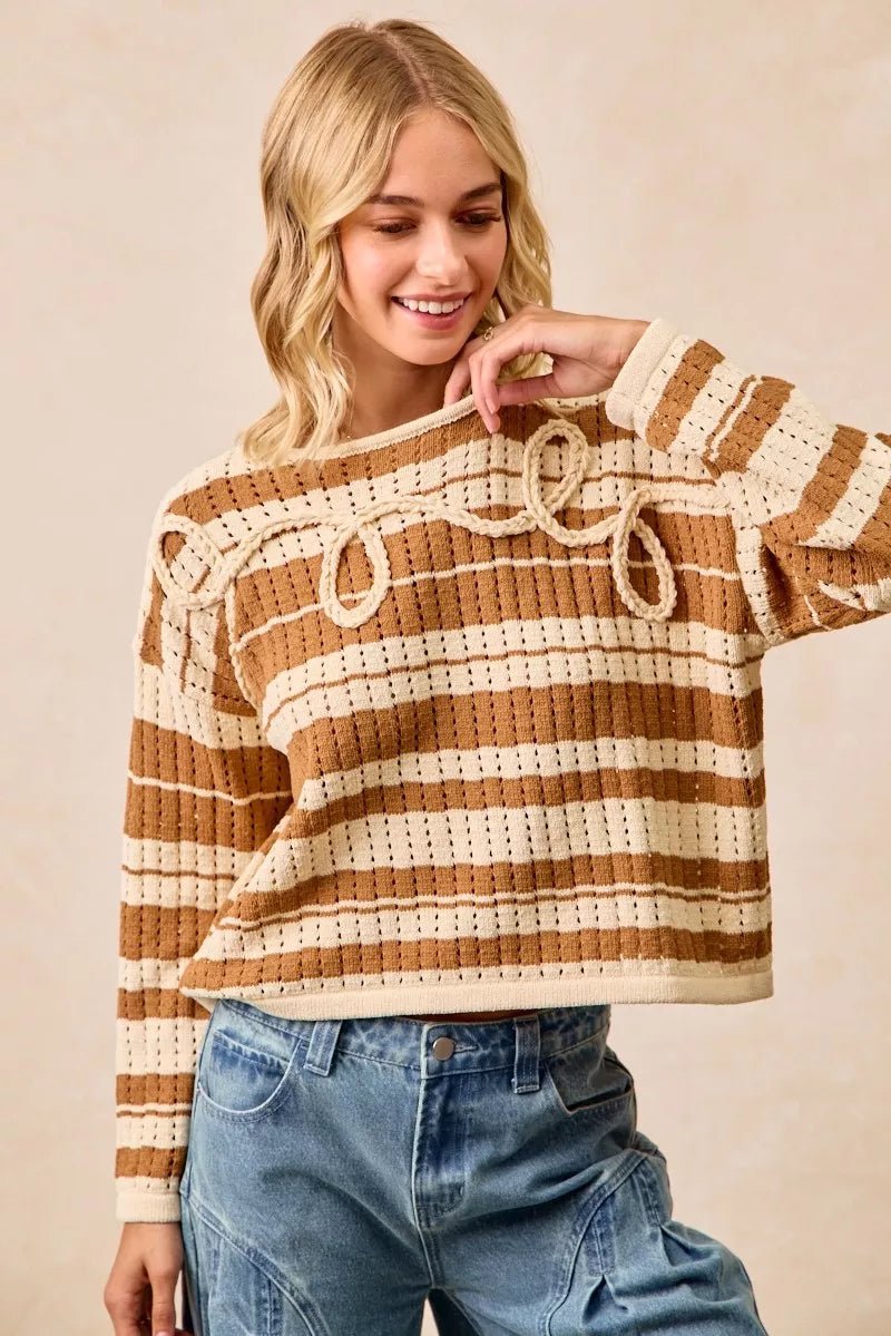 BiBi Striped Open Knit Sweater Top with Front Braided Detail - PBNJ FASHIONS