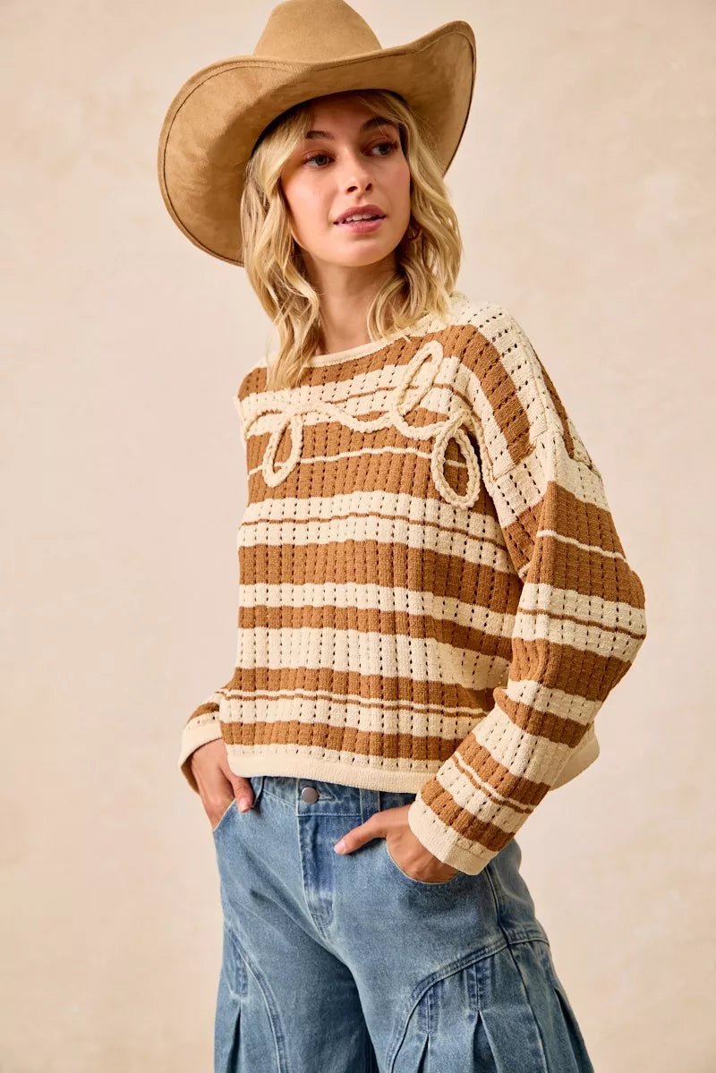 BiBi Striped Open Knit Sweater Top with Front Braided Detail - PBNJ FASHIONS