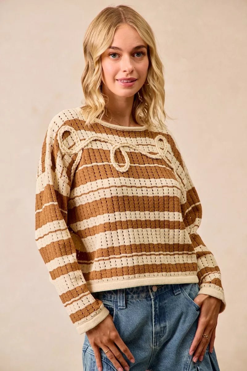 BiBi Striped Open Knit Sweater Top with Front Braided Detail - PBNJ FASHIONS