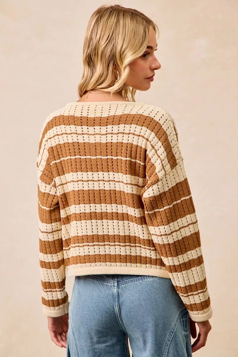 BiBi Striped Open Knit Sweater Top with Front Braided Detail - PBNJ FASHIONS