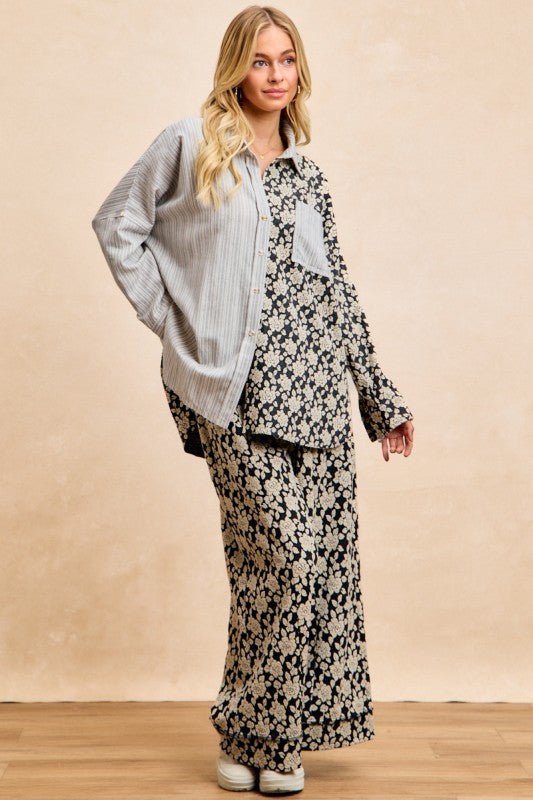 BiBi Stripes Jacquard Floral Mix And Match Shirt Top - PBNJ FASHIONS