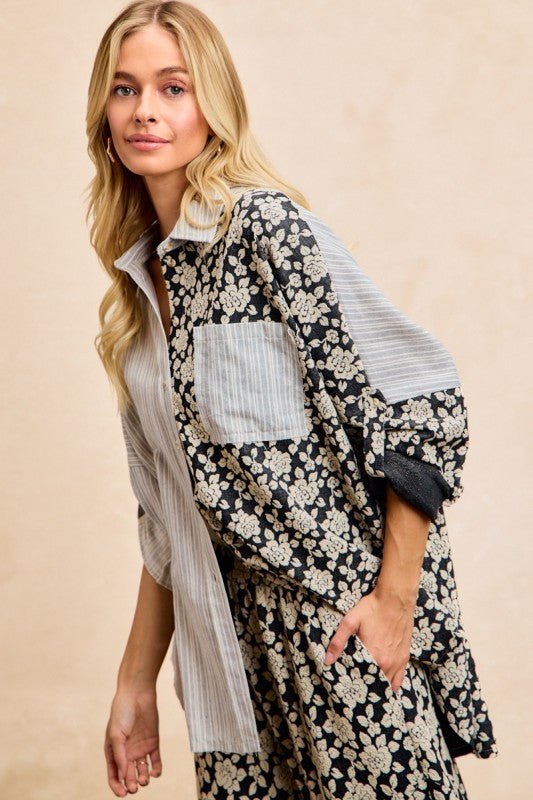 BiBi Stripes Jacquard Floral Mix And Match Shirt Top - PBNJ FASHIONS