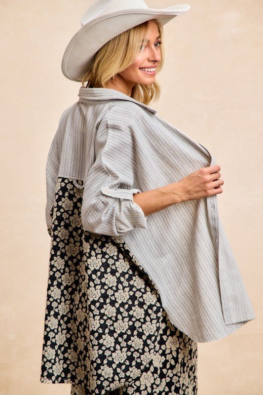 BiBi Stripes Jacquard Floral Mix And Match Shirt Top - PBNJ FASHIONS