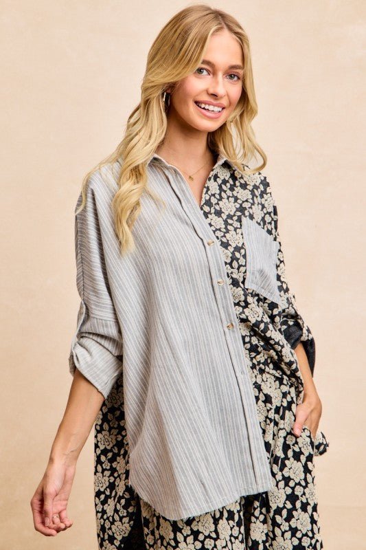 BiBi Stripes Jacquard Floral Mix And Match Shirt Top - PBNJ FASHIONS