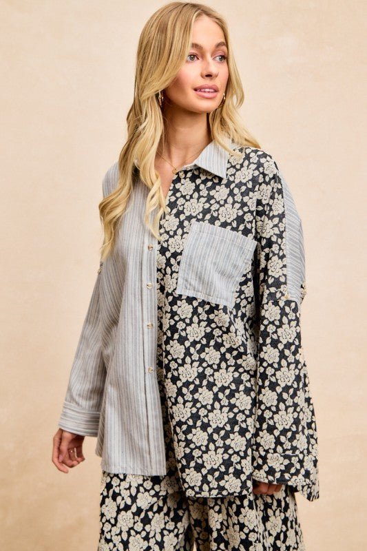 BiBi Stripes Jacquard Floral Mix And Match Shirt Top - PBNJ FASHIONS