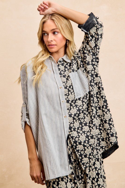 BiBi Stripes Jacquard Floral Mix And Match Shirt Top - PBNJ FASHIONS