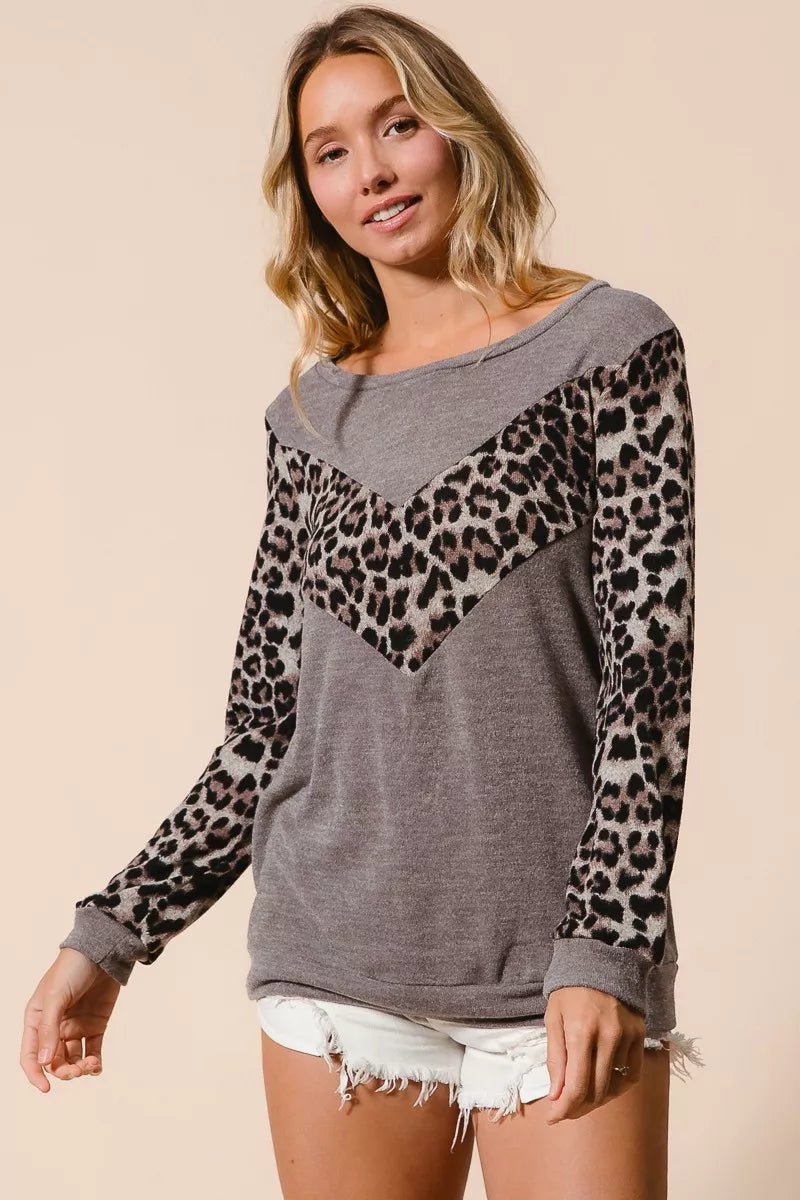 BiBi Sweater Knit Top With Leopard V Shape Block - PBNJ FASHIONS