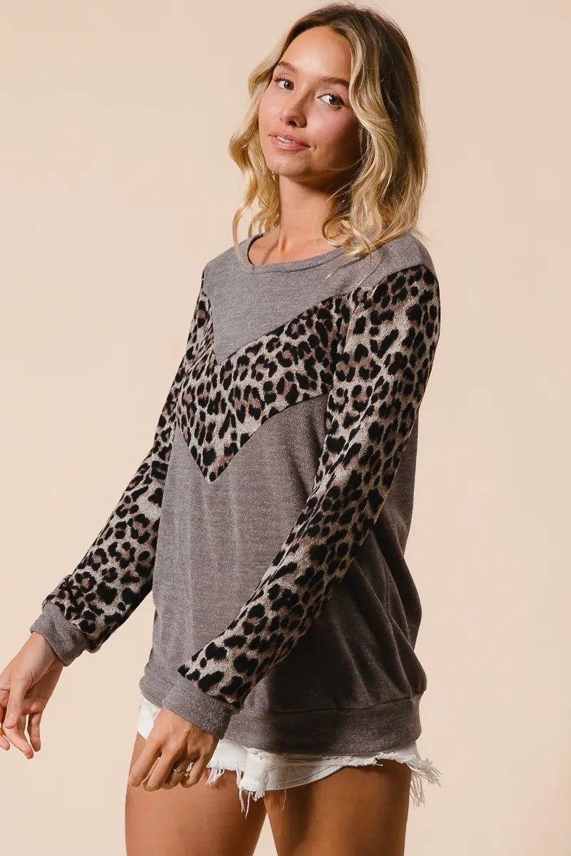 BiBi Sweater Knit Top With Leopard V Shape Block - PBNJ FASHIONS