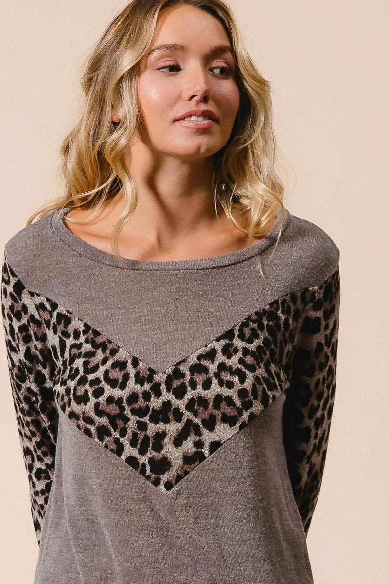 BiBi Sweater Knit Top With Leopard V Shape Block - PBNJ FASHIONS
