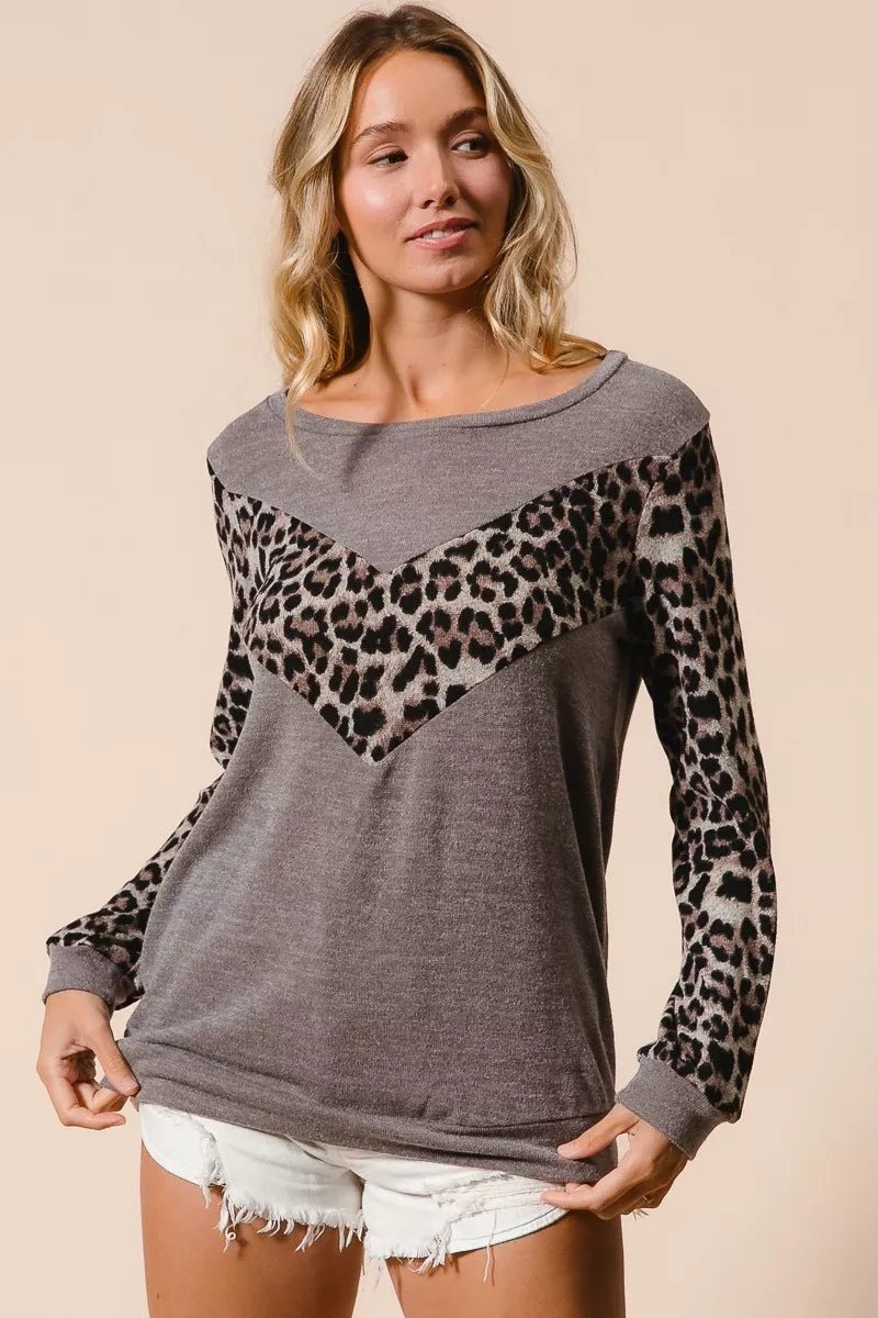 BiBi Sweater Knit Top With Leopard V Shape Block - PBNJ FASHIONS