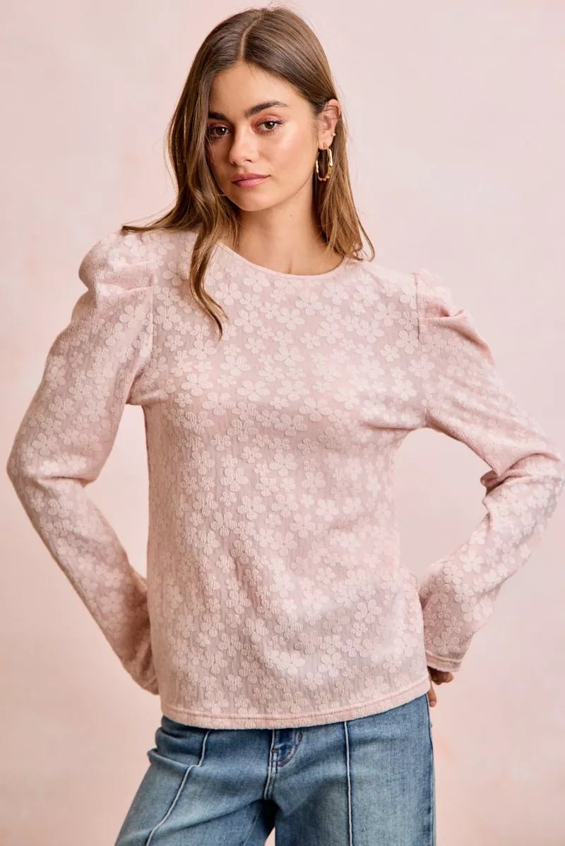 BiBi Textured Flower Knit Puff Shoulder Top - PBNJ FASHIONS