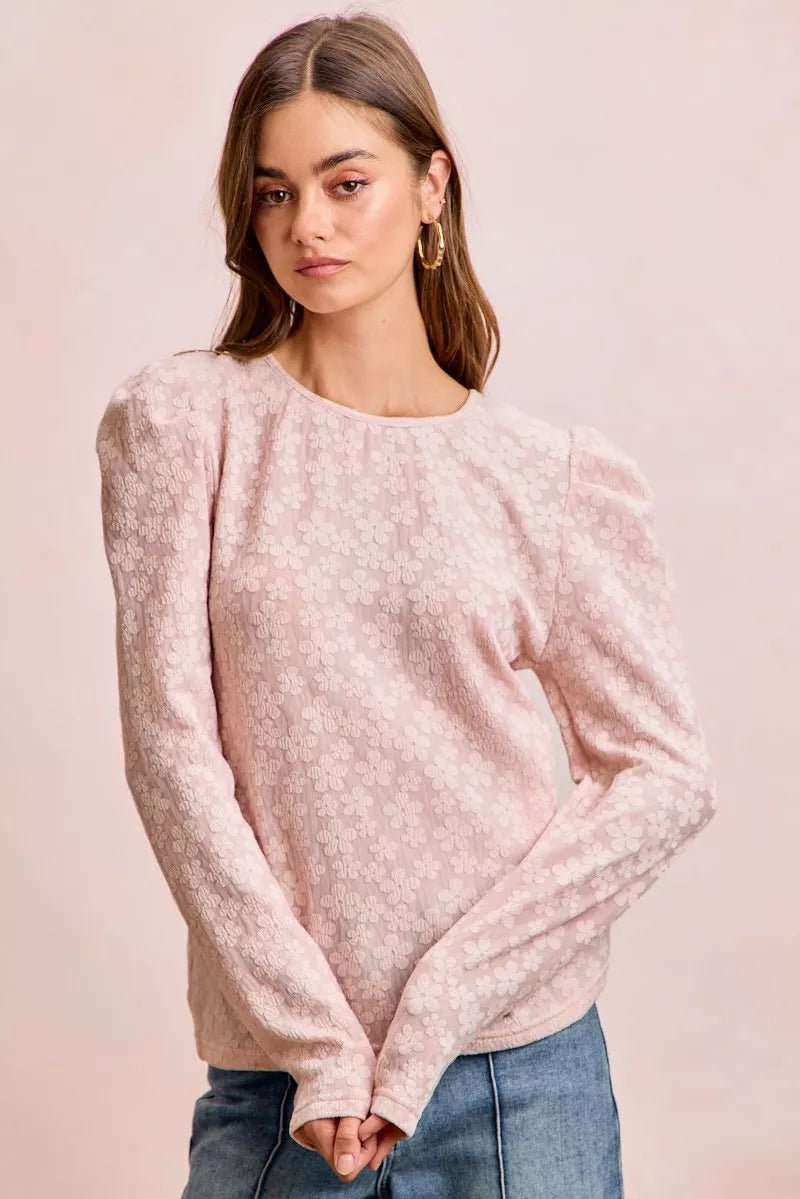 BiBi Textured Flower Knit Puff Shoulder Top - PBNJ FASHIONS