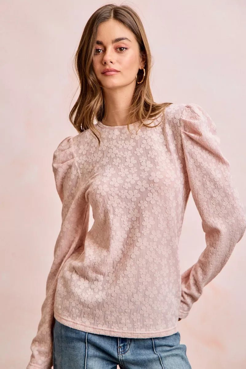 BiBi Textured Flower Knit Puff Shoulder Top - PBNJ FASHIONS