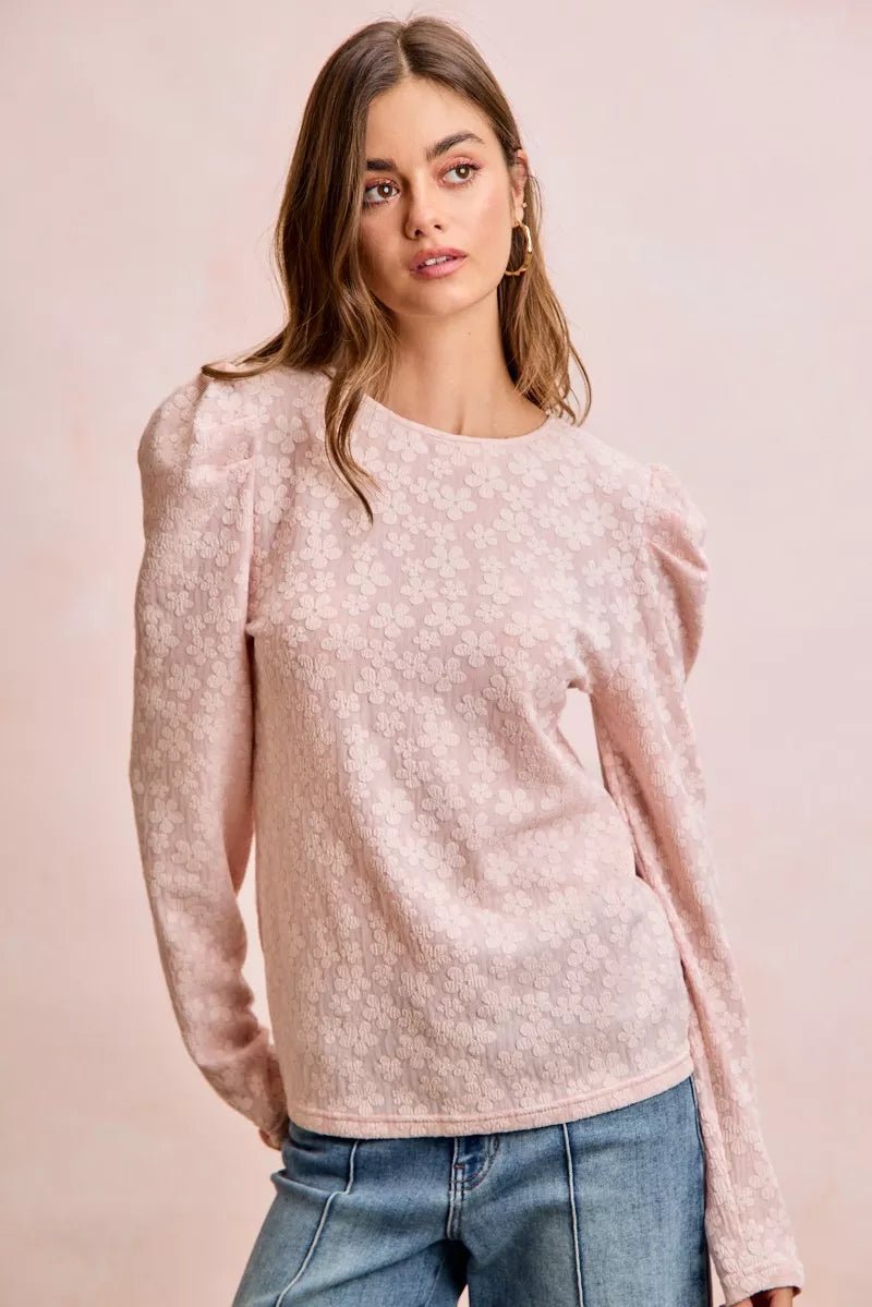 BiBi Textured Flower Knit Puff Shoulder Top - PBNJ FASHIONS