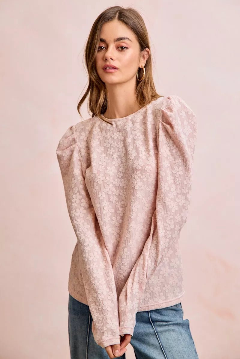 BiBi Textured Flower Knit Puff Shoulder Top - PBNJ FASHIONS