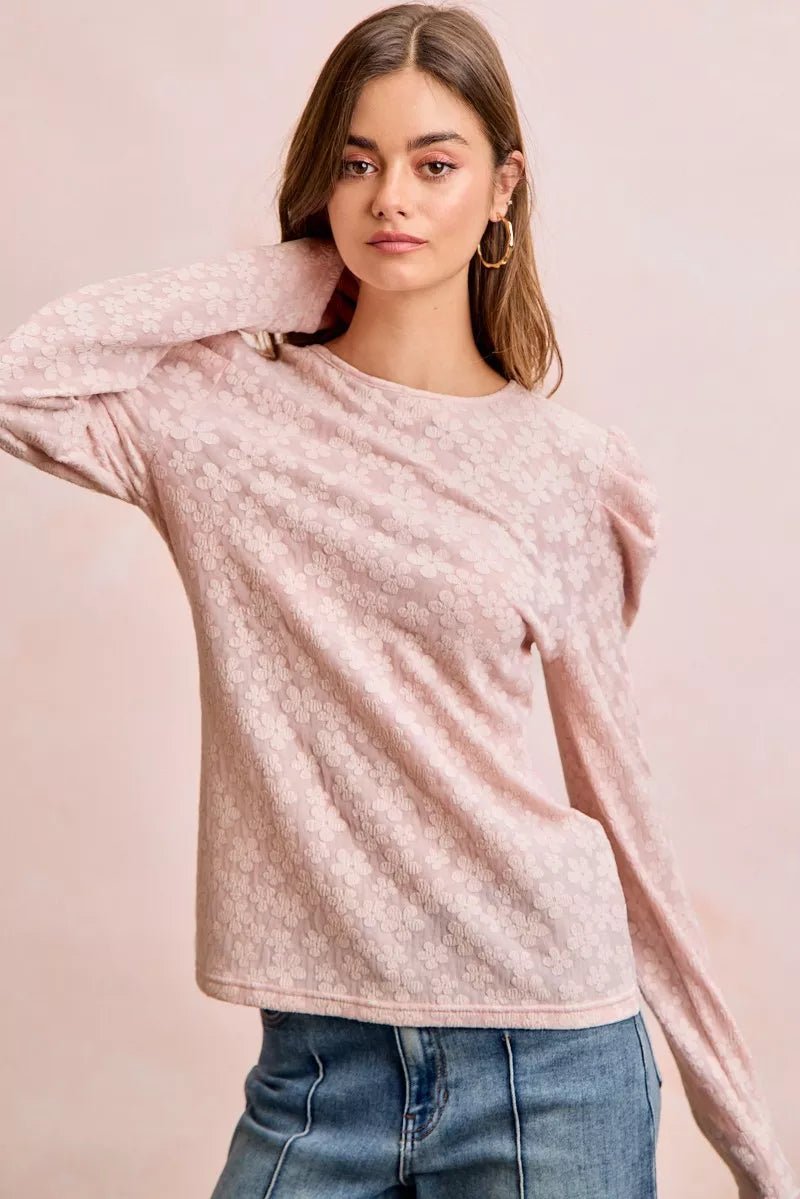 BiBi Textured Flower Knit Puff Shoulder Top - PBNJ FASHIONS