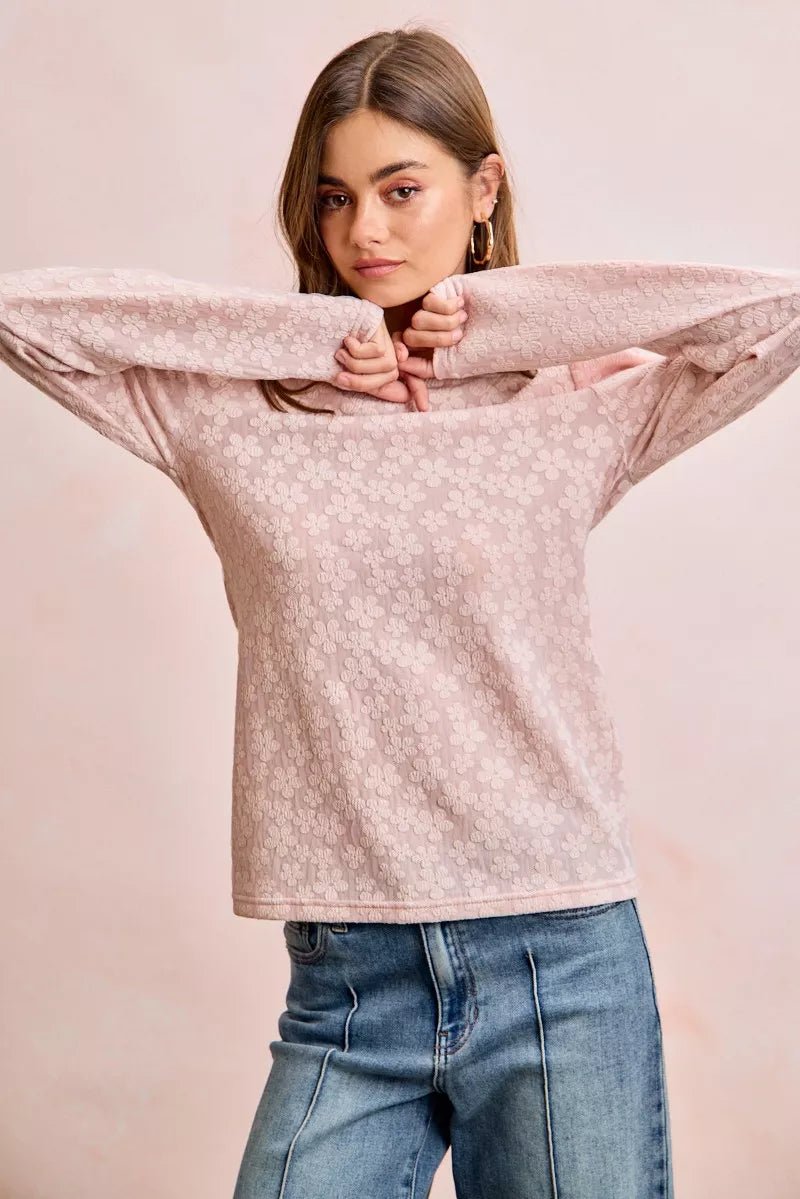BiBi Textured Flower Knit Puff Shoulder Top - PBNJ FASHIONS