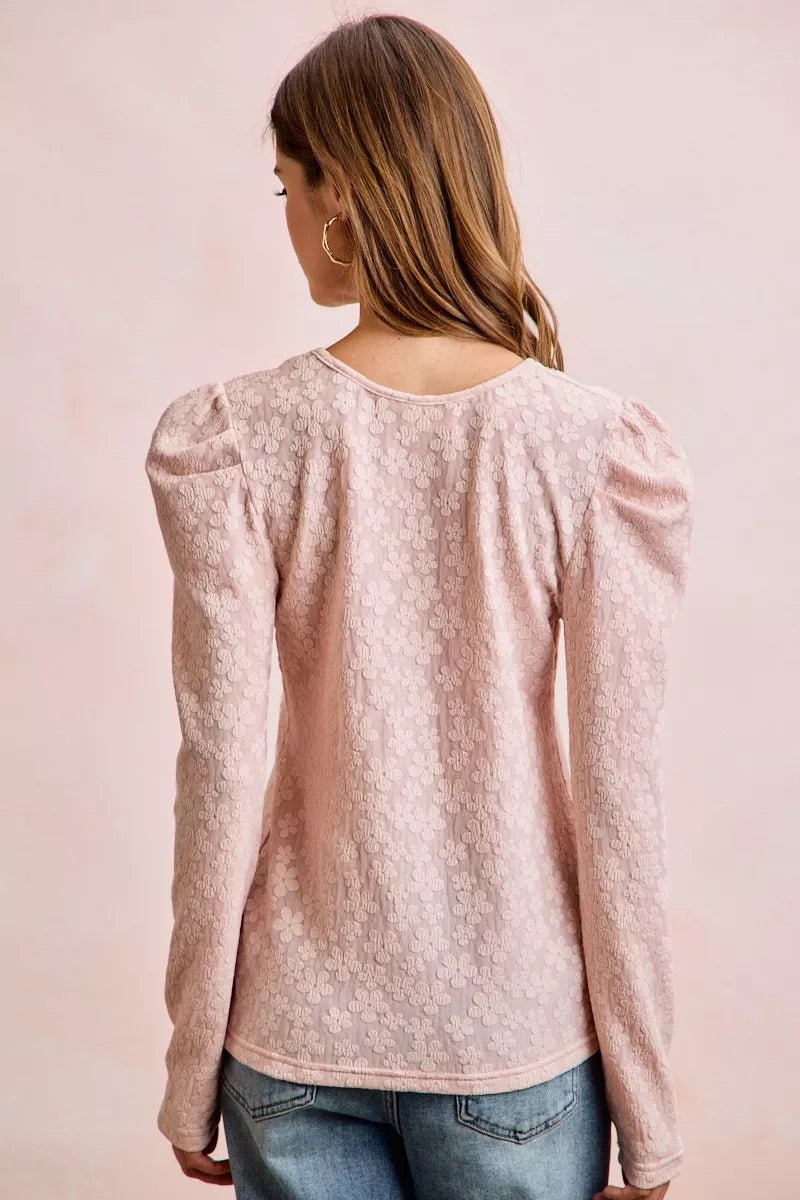 BiBi Textured Flower Knit Puff Shoulder Top - PBNJ FASHIONS