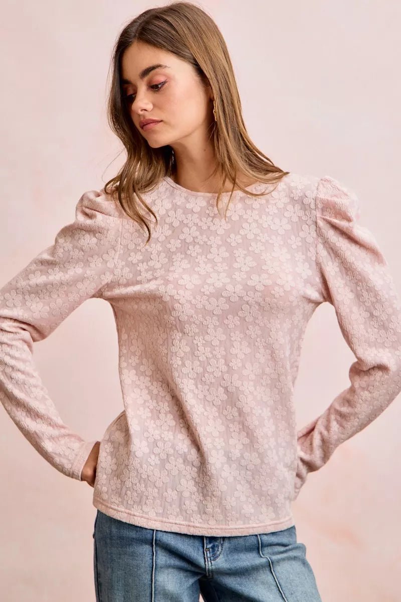BiBi Textured Flower Knit Puff Shoulder Top - PBNJ FASHIONS