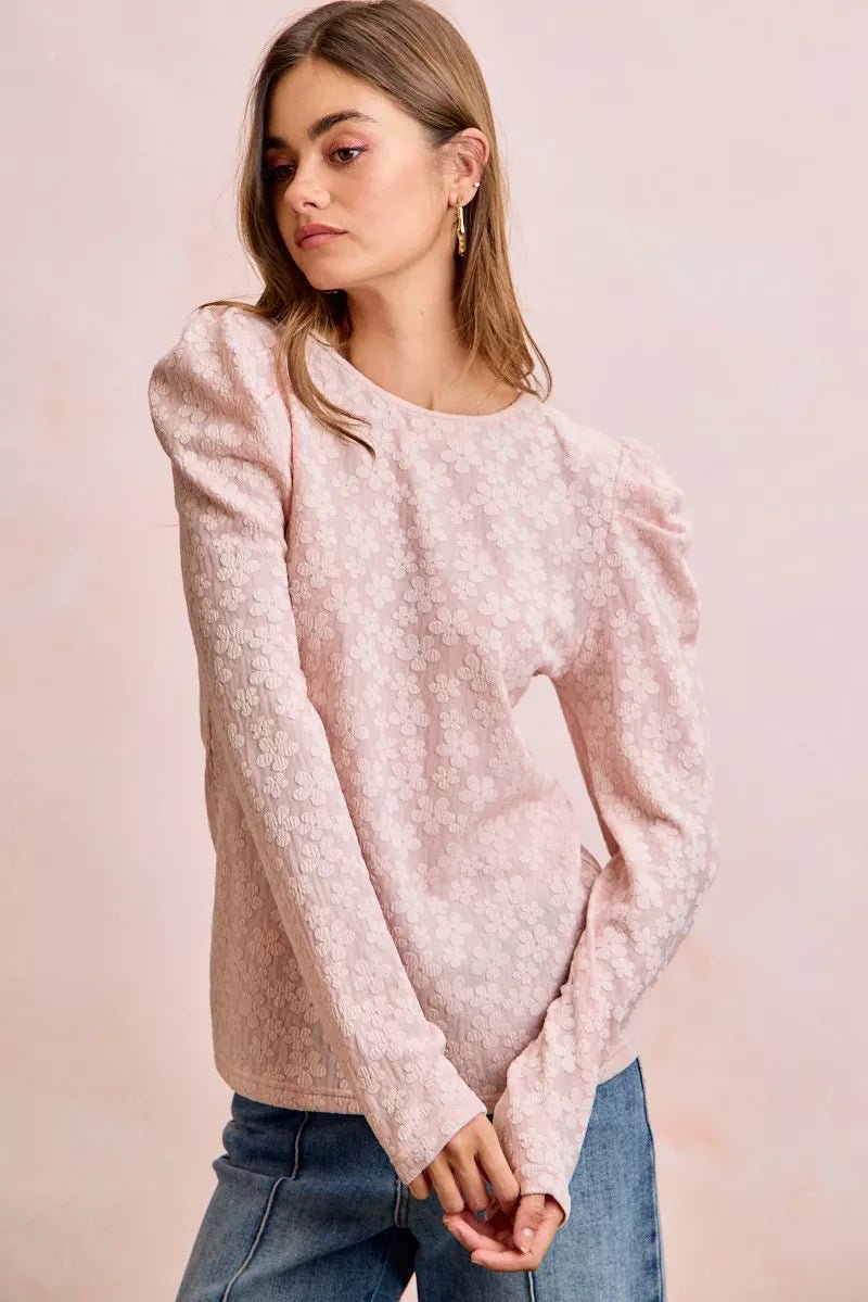 BiBi Textured Flower Knit Puff Shoulder Top - PBNJ FASHIONS