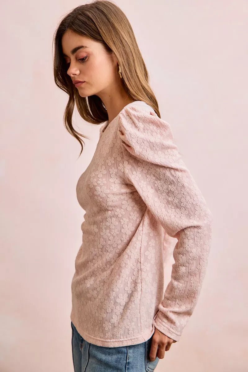 BiBi Textured Flower Knit Puff Shoulder Top - PBNJ FASHIONS