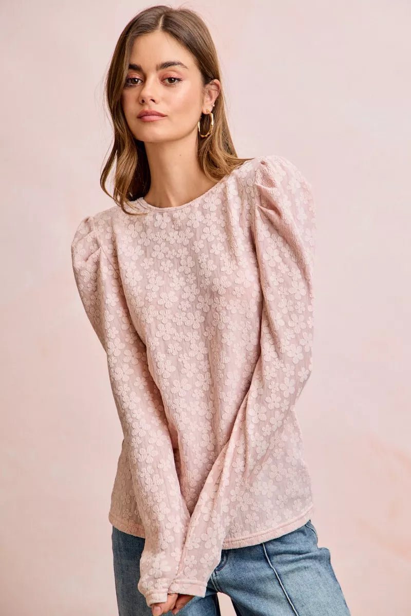 BiBi Textured Flower Knit Puff Shoulder Top - PBNJ FASHIONS
