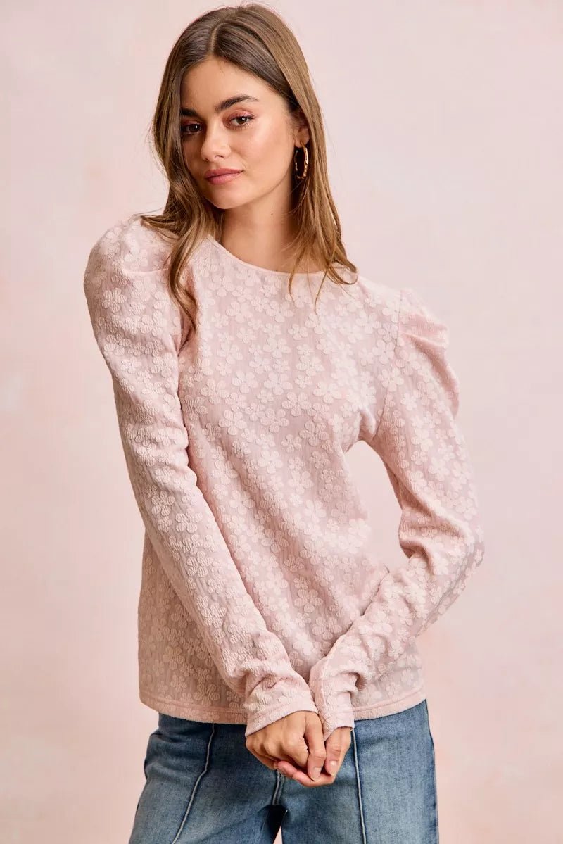BiBi Textured Flower Knit Puff Shoulder Top - PBNJ FASHIONS