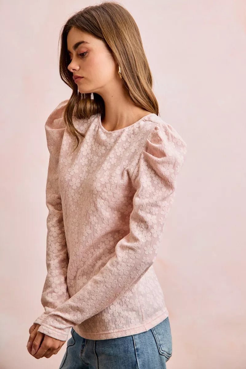 BiBi Textured Flower Knit Puff Shoulder Top - PBNJ FASHIONS