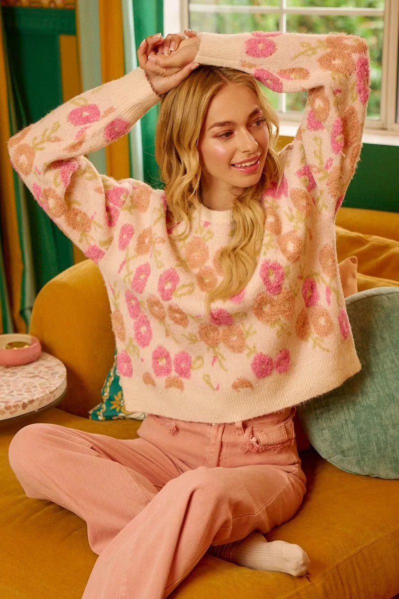 BiBi Towel Texture Floral Pattern Sweater - PBNJ FASHIONS