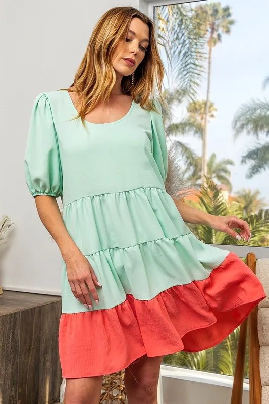 BiBi Two - Tone Balloon Sleeves U Neck Tiered Ruffle Hem Mini Dress - PBNJ FASHIONS