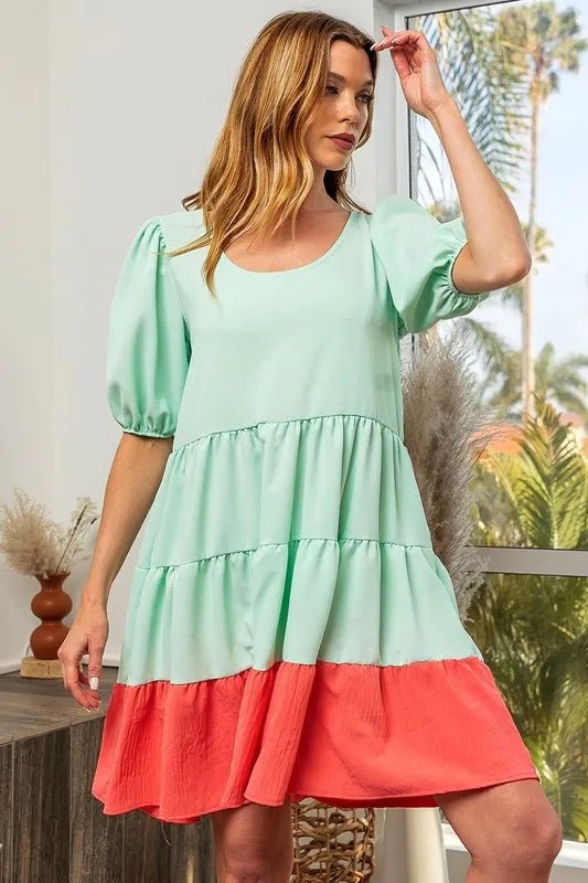 BiBi Two - Tone Balloon Sleeves U Neck Tiered Ruffle Hem Mini Dress - PBNJ FASHIONS