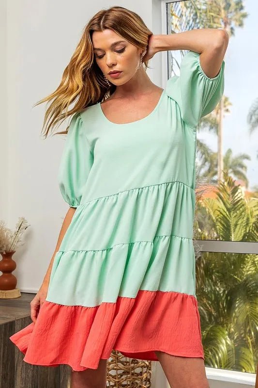 BiBi Two - Tone Balloon Sleeves U Neck Tiered Ruffle Hem Mini Dress - PBNJ FASHIONS