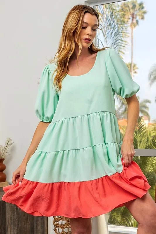 BiBi Two - Tone Balloon Sleeves U Neck Tiered Ruffle Hem Mini Dress - PBNJ FASHIONS