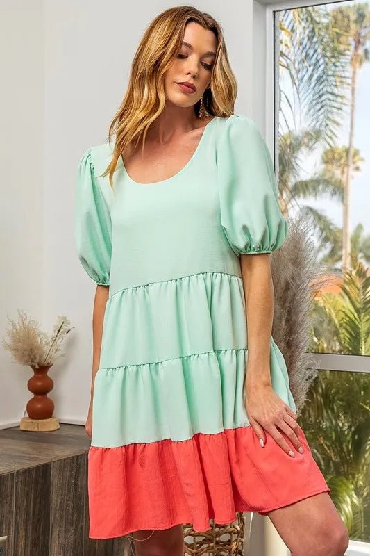 BiBi Two - Tone Balloon Sleeves U Neck Tiered Ruffle Hem Mini Dress - PBNJ FASHIONS
