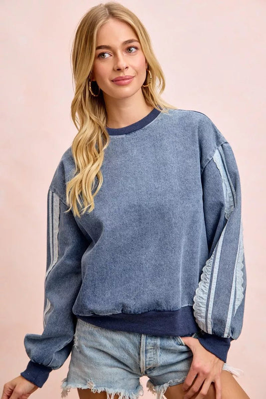 BiBi Washed Denim Lace Contrast Sided Sweatshirt - PBNJ FASHIONS