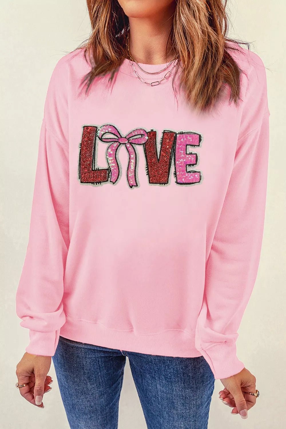 Bow Love Sequin Pattern Valentine Sweatshirt - PBNJ FASHIONS