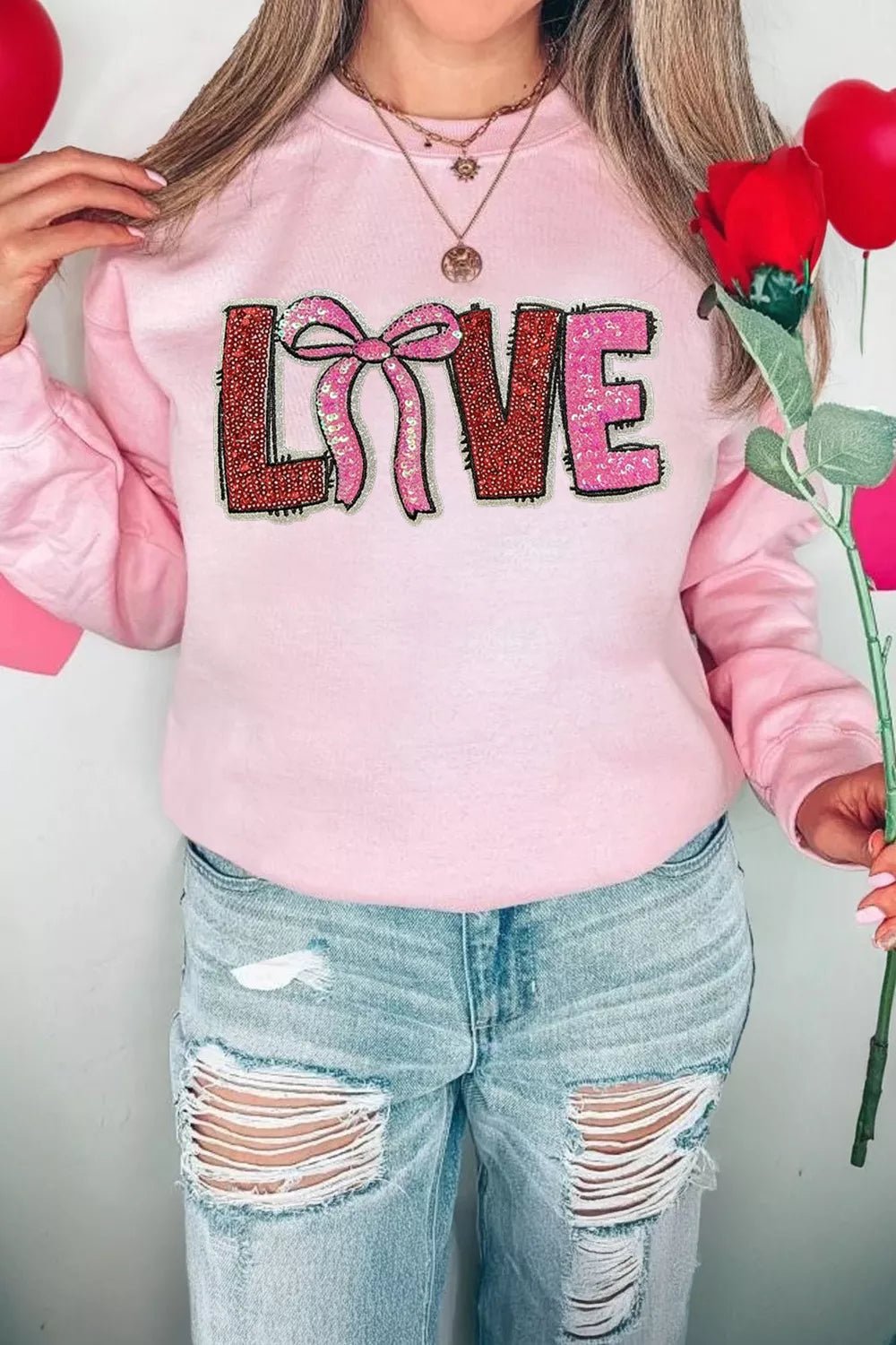 Bow Love Sequin Pattern Valentine Sweatshirt - PBNJ FASHIONS