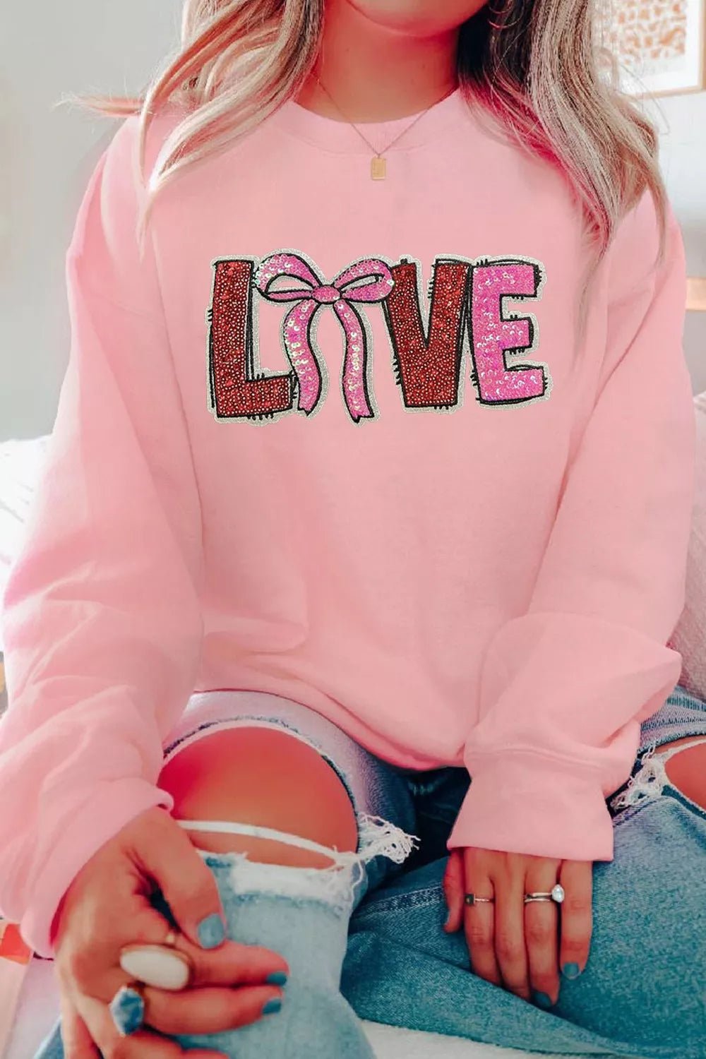 Bow Love Sequin Pattern Valentine Sweatshirt - PBNJ FASHIONS
