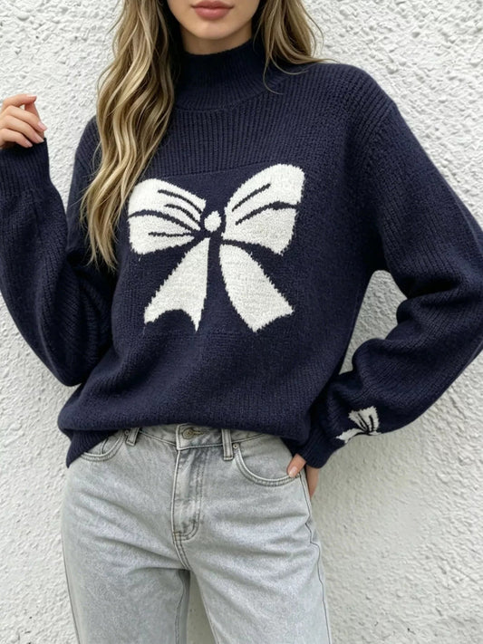 Bowknot Pattern Mock Neck Sweater - PBNJ FASHIONS